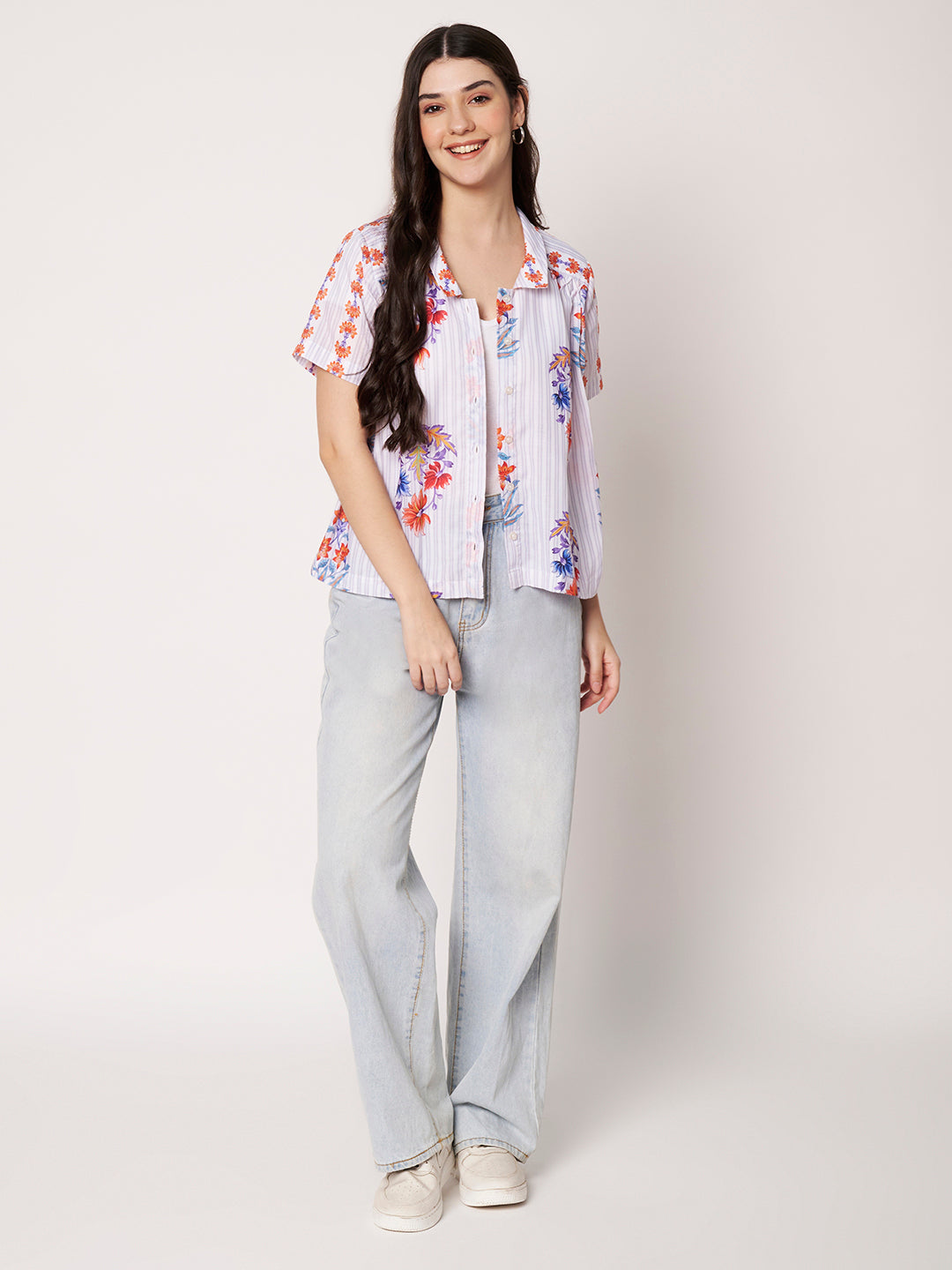 Women White Floral Printed Classic Fit Casual Shirt
