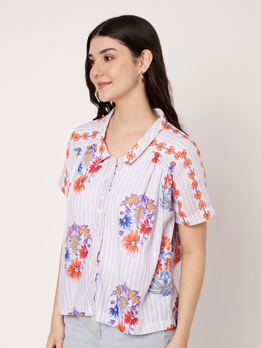 Women White Floral Printed Classic Fit Casual Shirt