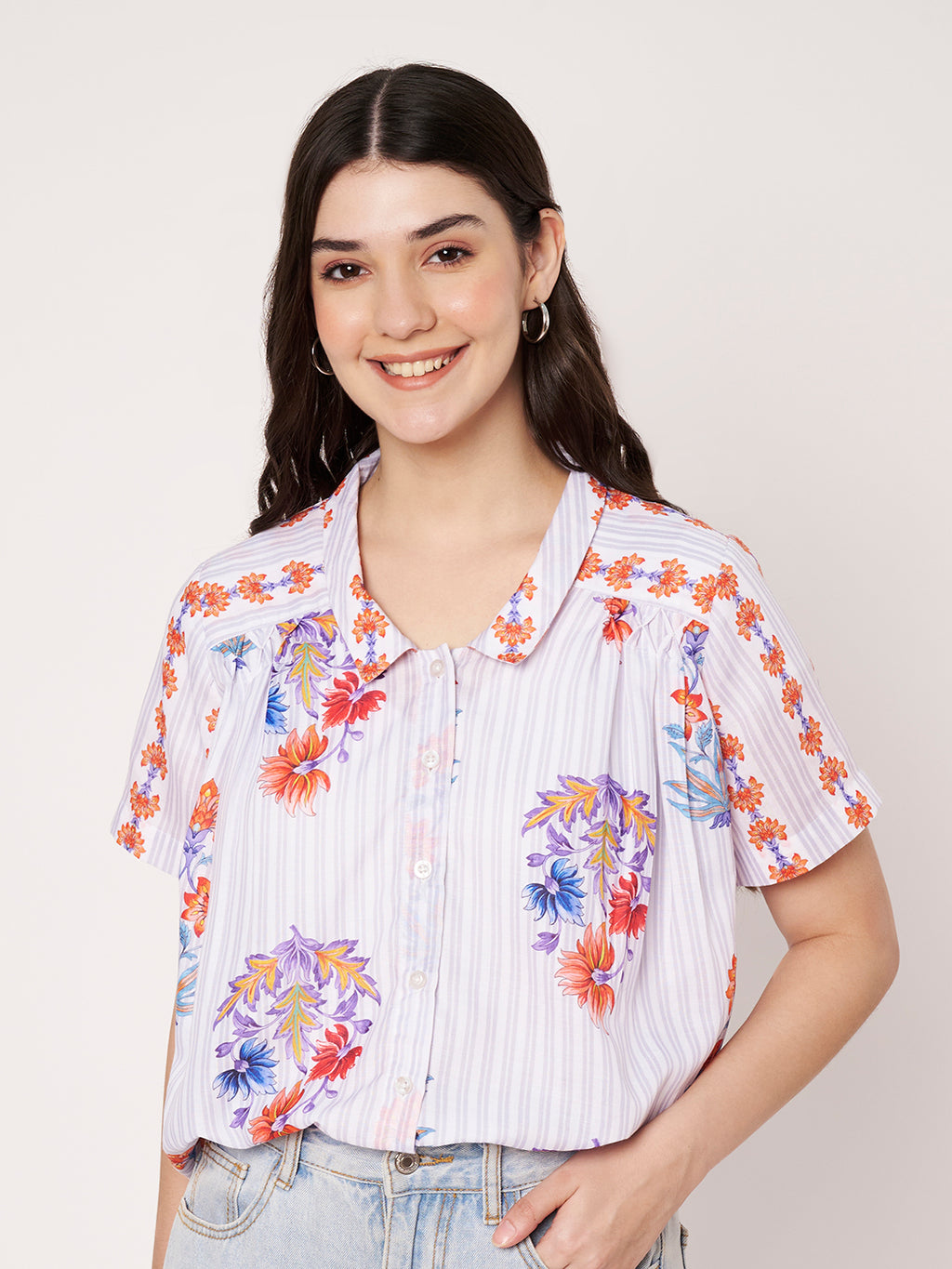 Women White Floral Printed Classic Fit Casual Shirt