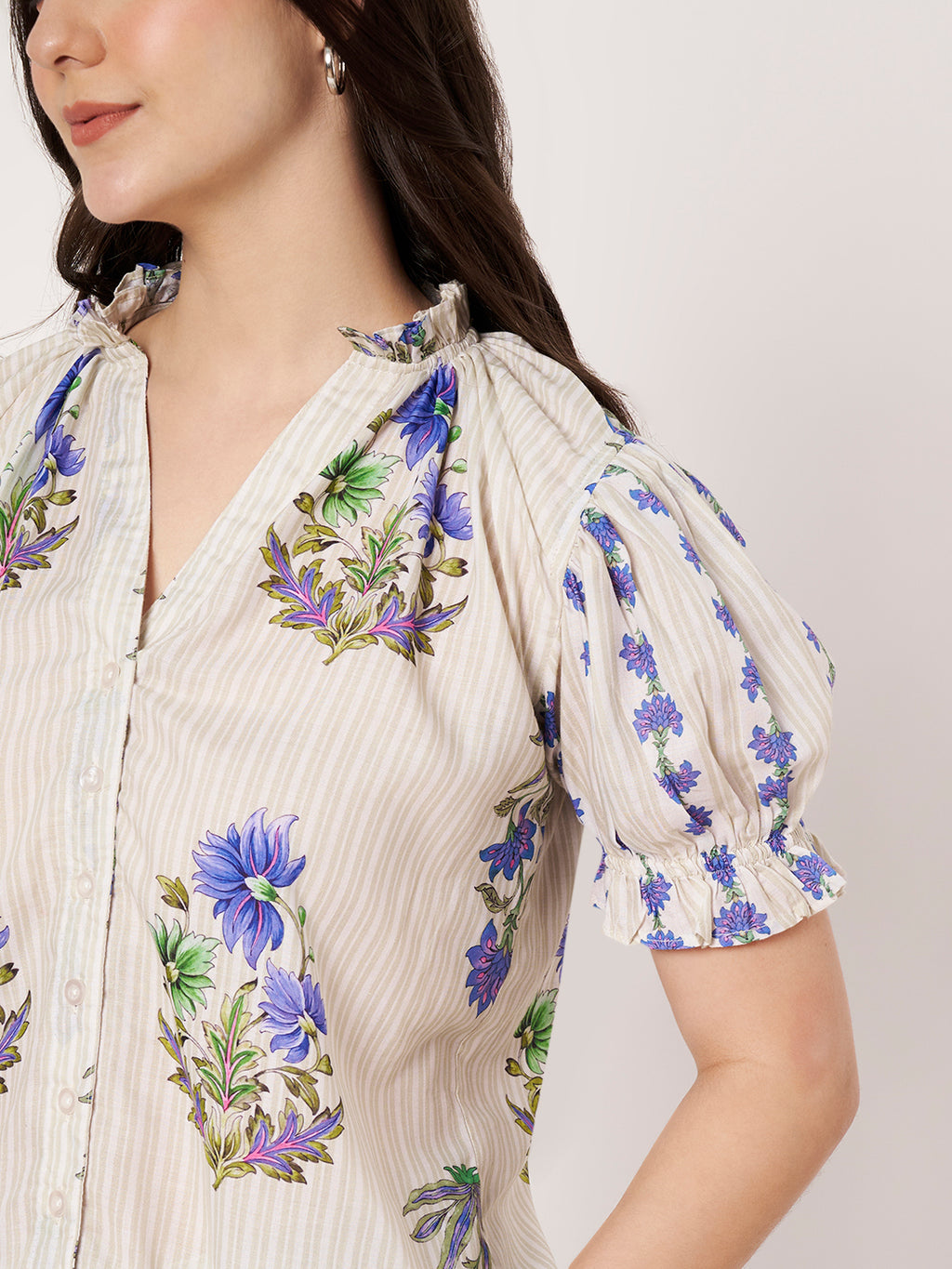 Women Off White Floral Printed Cotton Blend Top