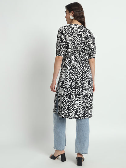 Tie-Up Neck Puff Sleeves Animal Print Longline Kurti