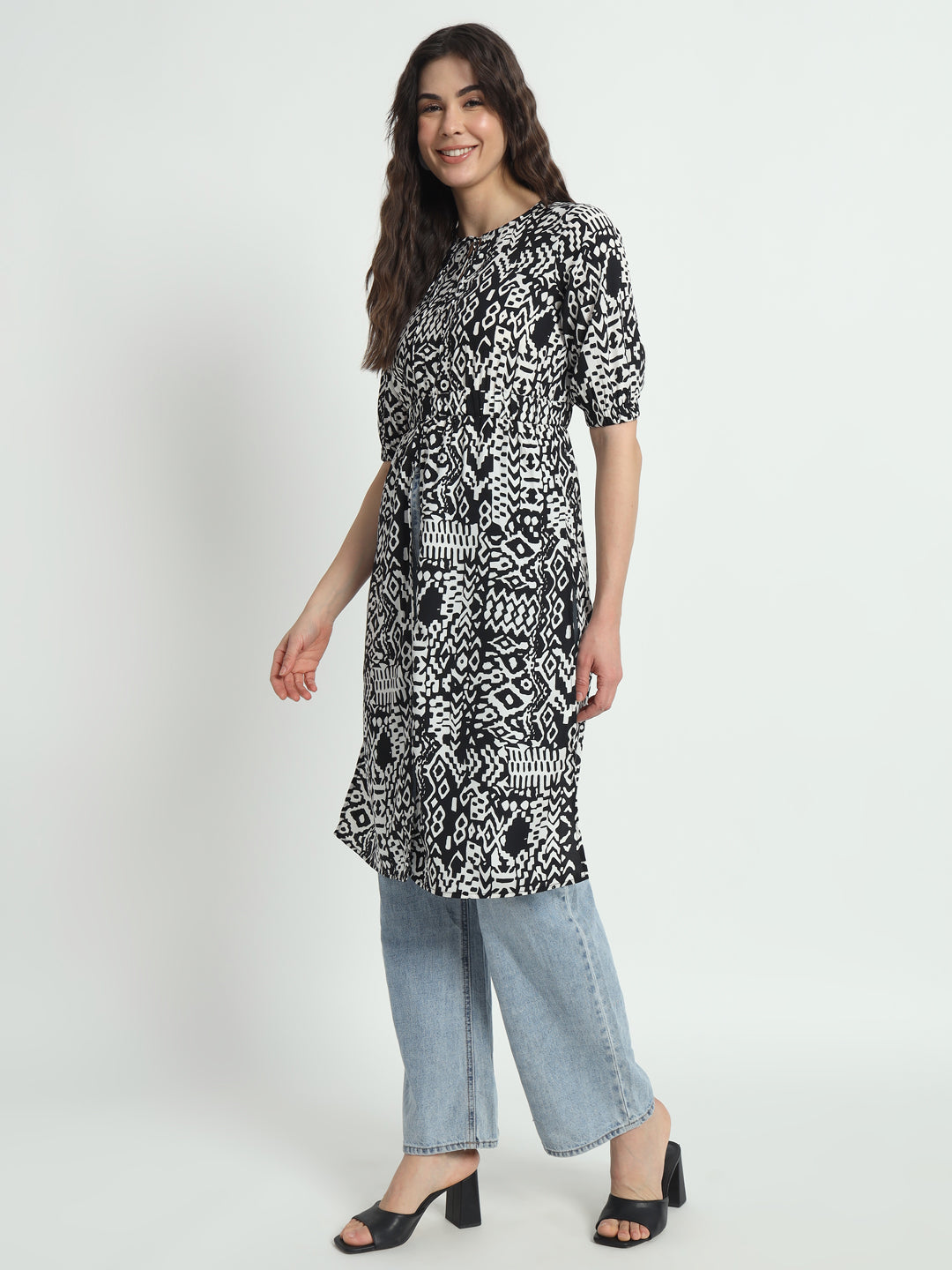 Tie-Up Neck Puff Sleeves Animal Print Longline Kurti