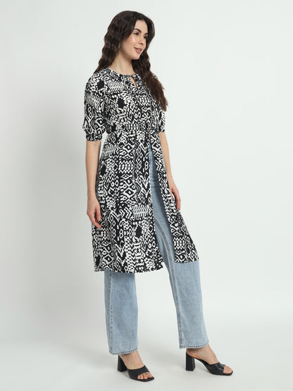 Tie-Up Neck Puff Sleeves Animal Print Longline Kurti