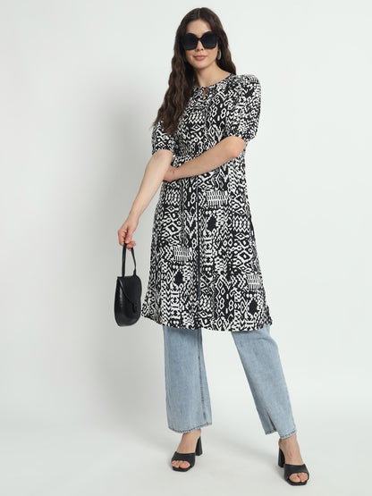 Tie-Up Neck Puff Sleeves Animal Print Longline Kurti