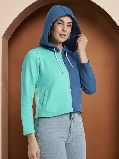 Colourblocked Hooded Cotton Front Open Sweatshirt