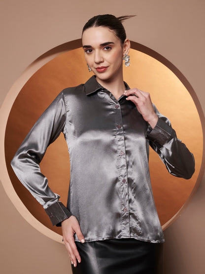 Women Grey Classic Slim Fit Casual Shirt