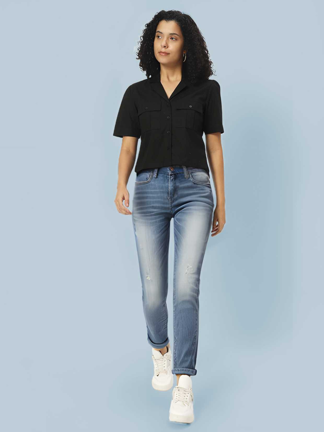 Women Classic Slim Fit Cotton Black Crop Shirt