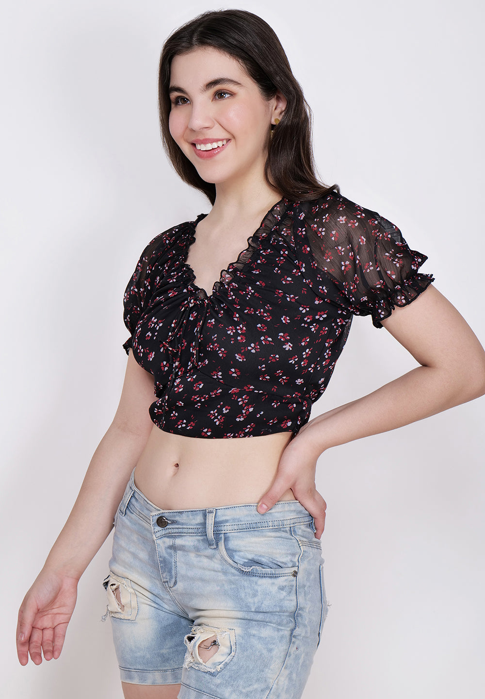 Women's Floral Printed Blouson Black Crop Top