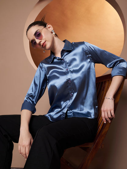 Spread Collar Satin Party Shirt