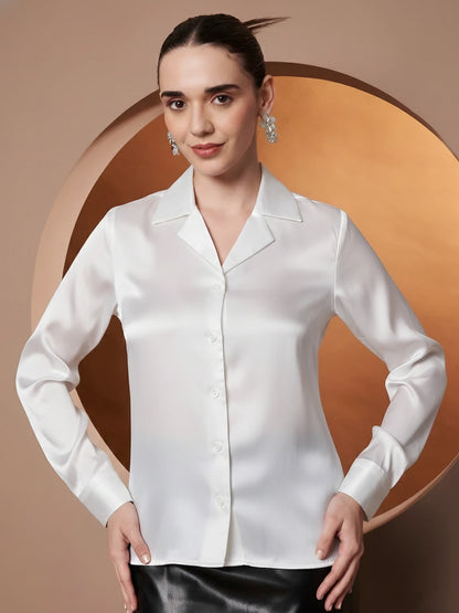 Spread Collar Satin Casual Shirt