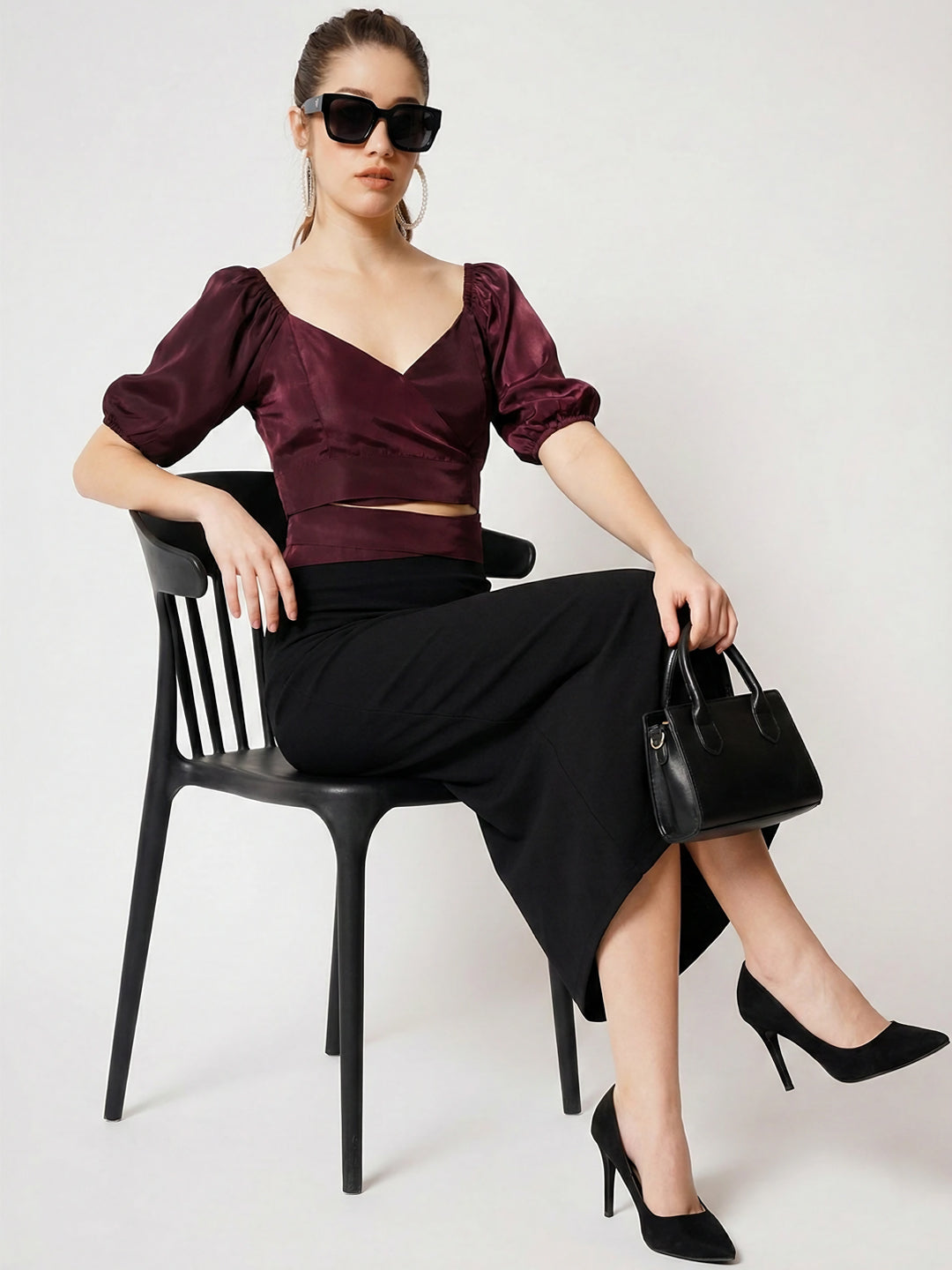 Puff Sleeves Crepe Cut Out Wrap Crop Top for women