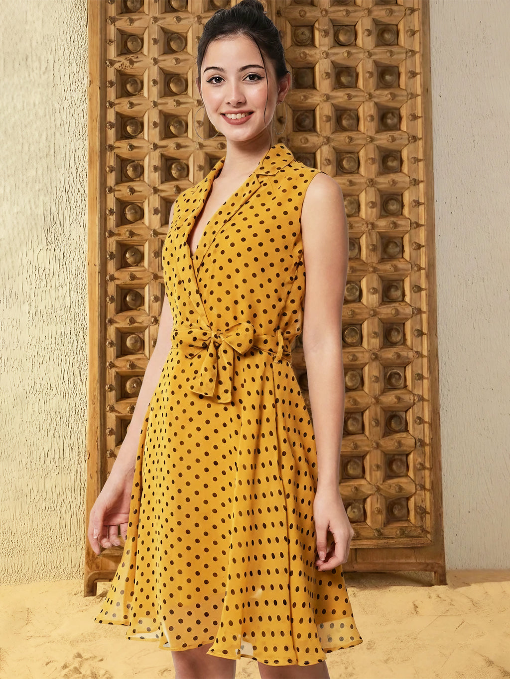 Tie-Up A-Line Polka Dot Yellow Dress