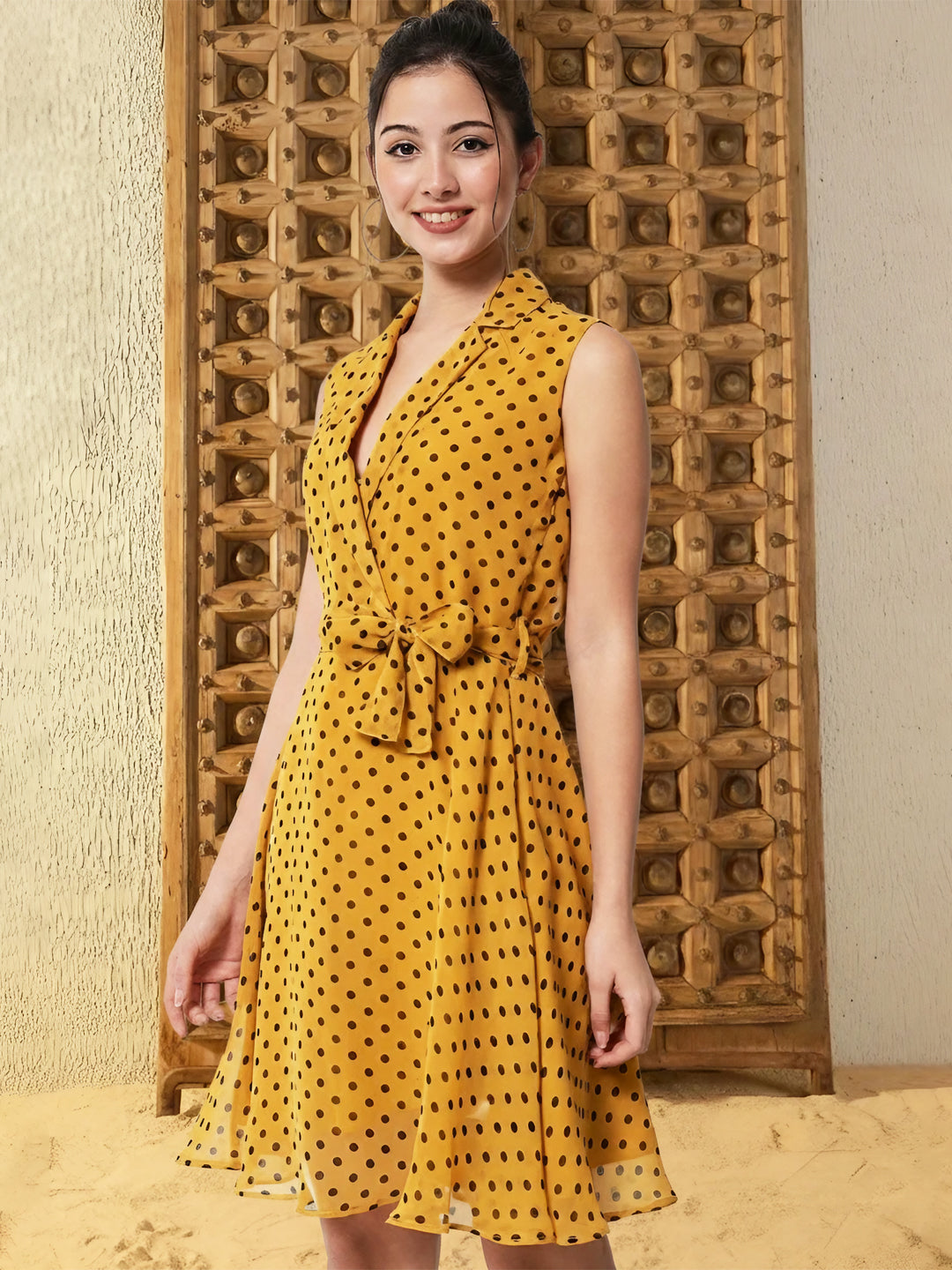 Tie-Up A-Line Polka Dot Yellow Dress