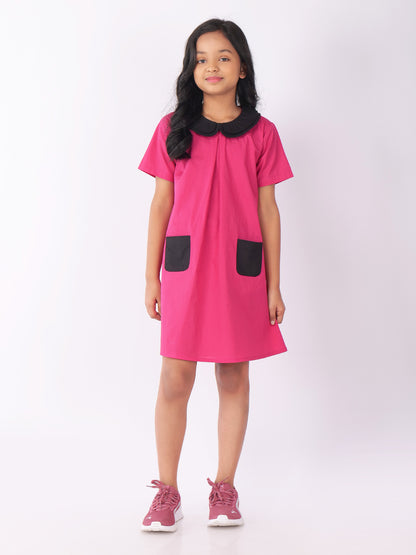 Girls Colourblocked Peter Pan Collar Cotton A-Line Dress