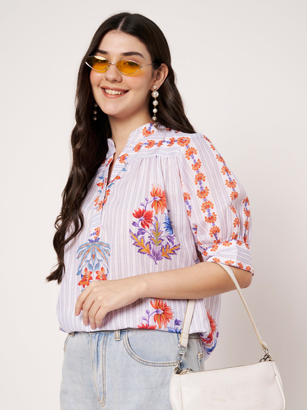 Women White Floral Printed Cotton Blend Top