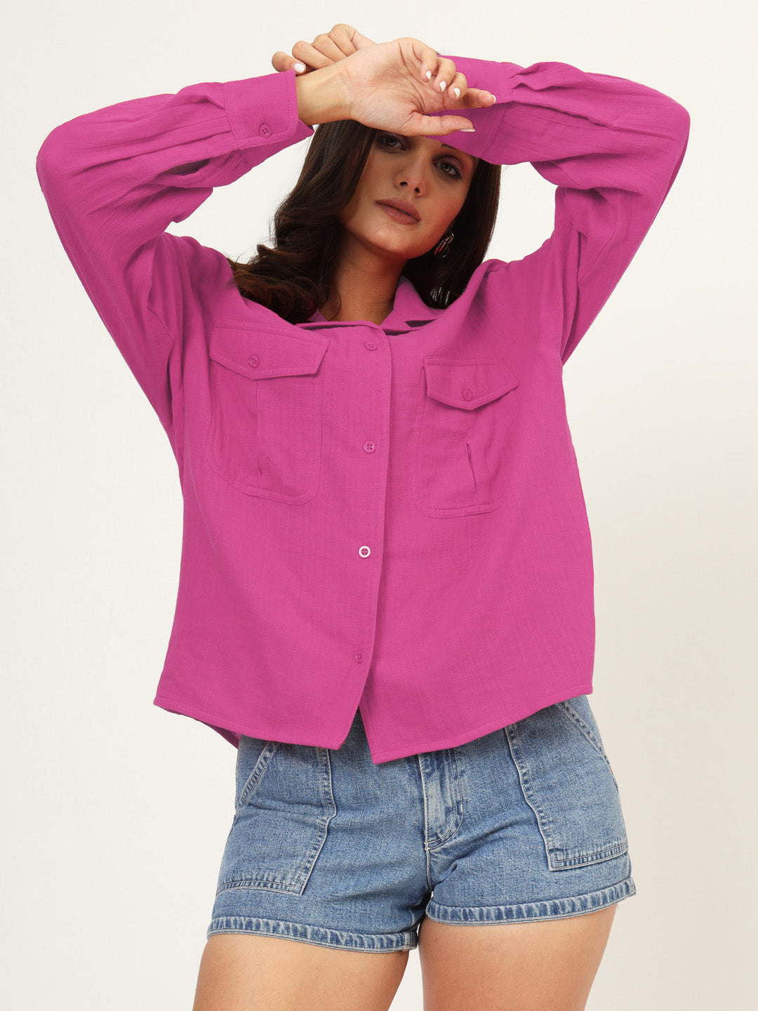Women Classic Fit Solid Spread Collar Cotton Casual Shirt
