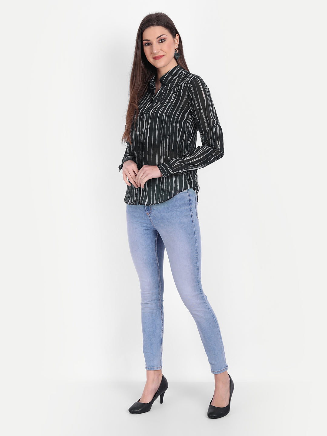 Women Navy Blue Relaxed Striped Casual Shirt