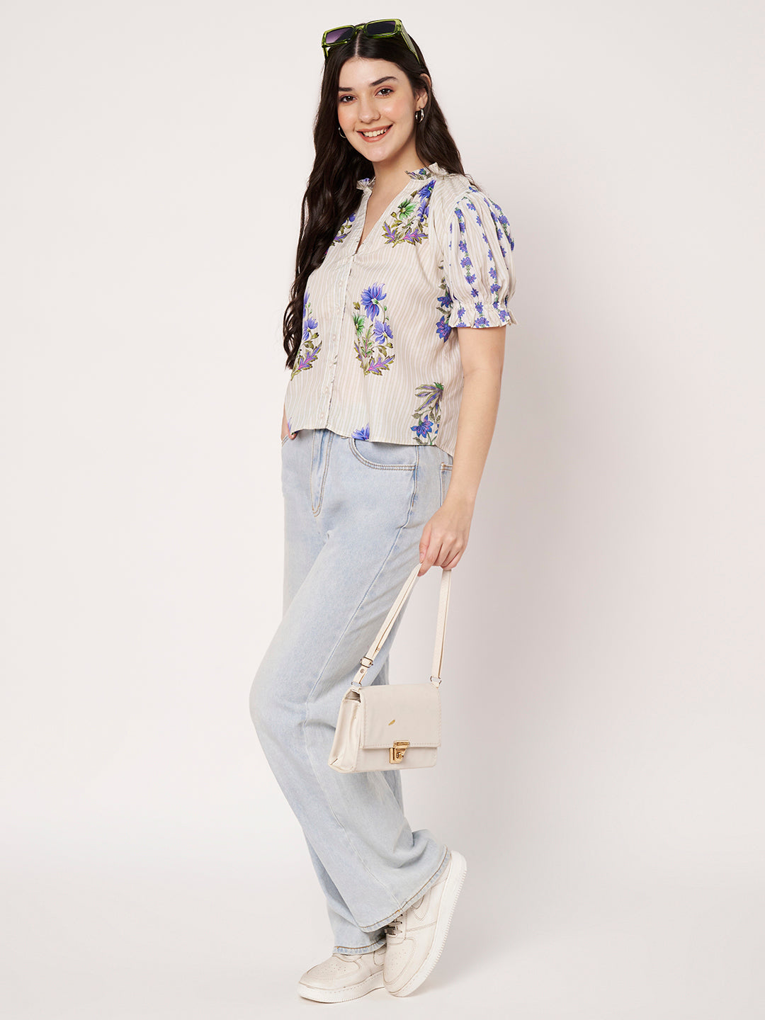 Women Off White Floral Printed Cotton Blend Top
