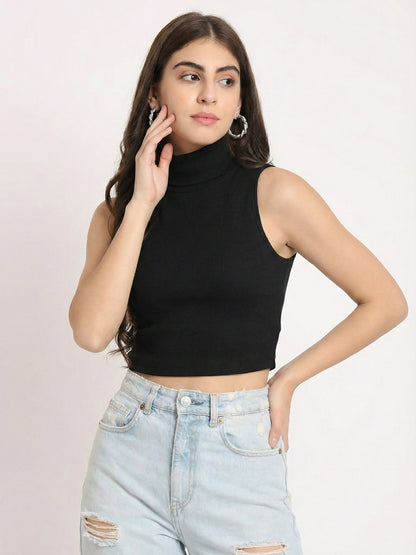 High neck detail on black sleeveless crop top