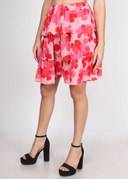 Women Floral Printed Flared Pink Skirt