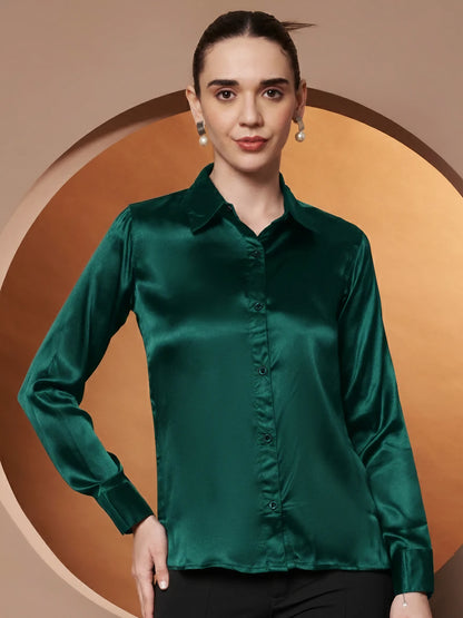 Women Green Satin Relaxed Formal Shirt