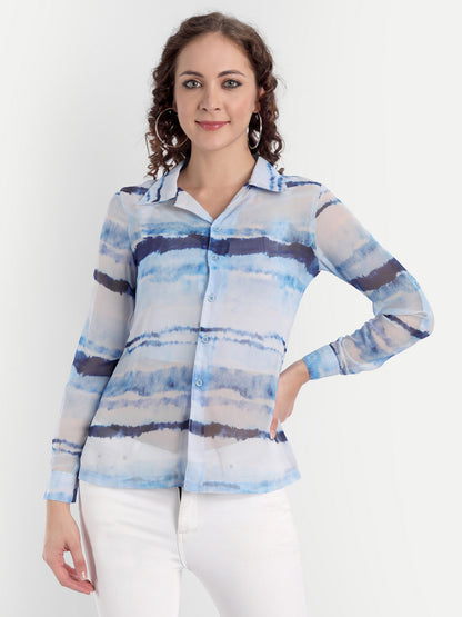 Women Blue Classic Horizontal Stripes Semi Sheer Casual Shirt