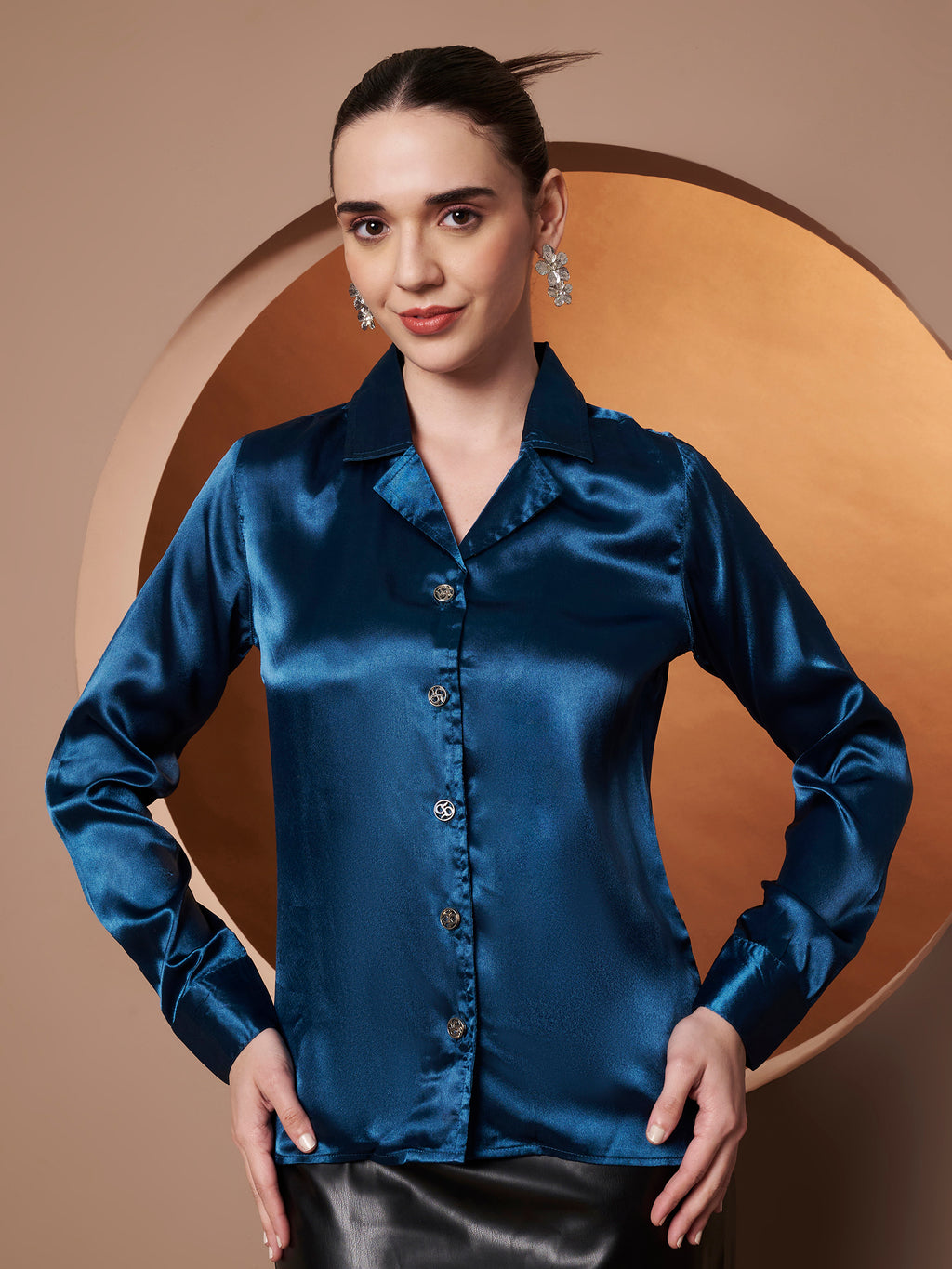 Spread Collar Satin Casual Shirt