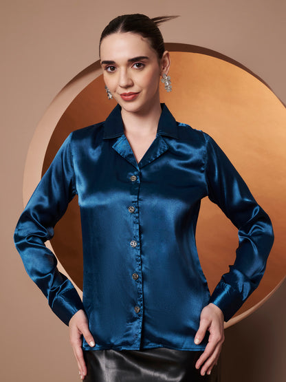 Spread Collar Satin Casual Shirt