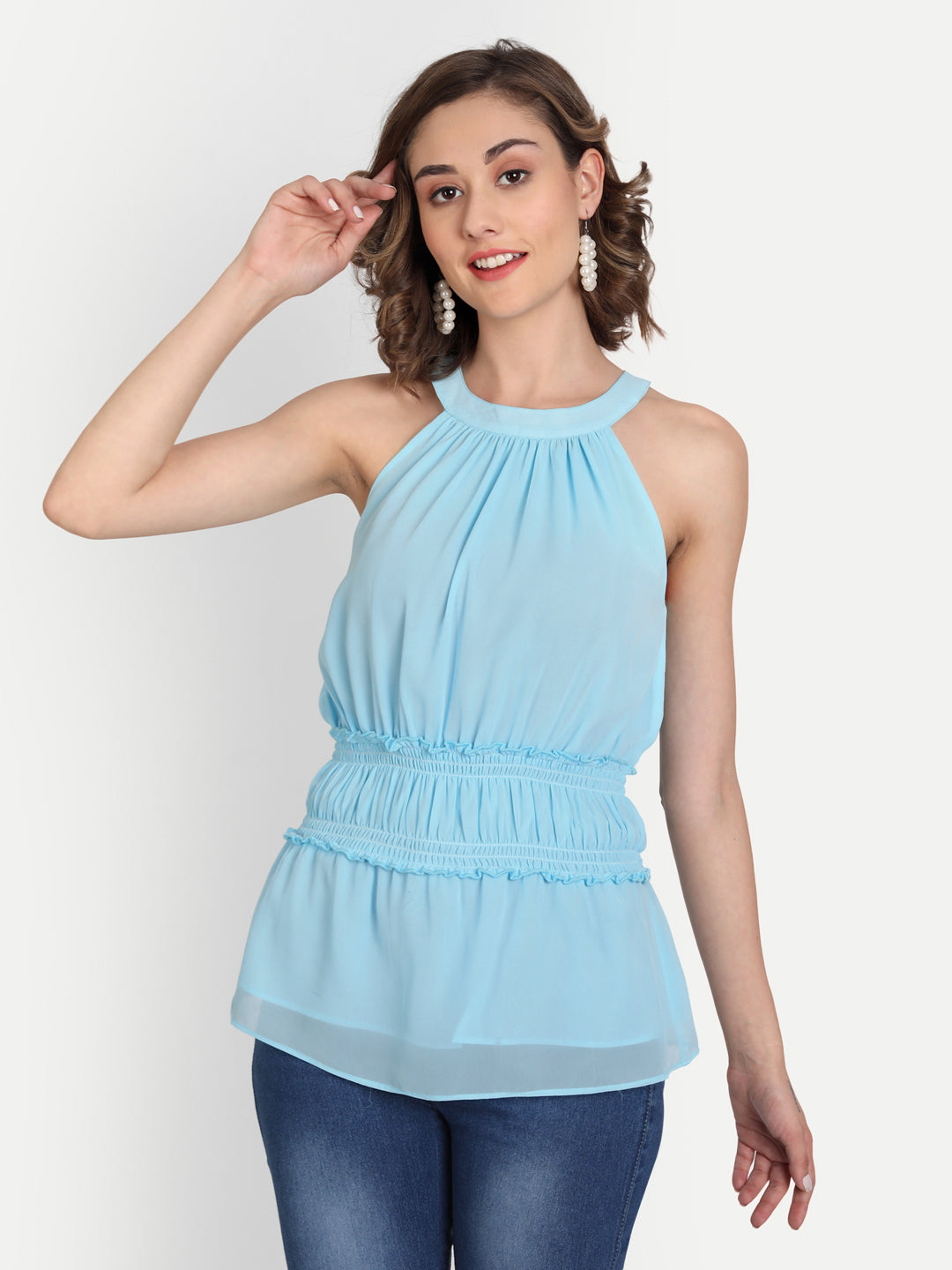 Sleeveless blue top for women's