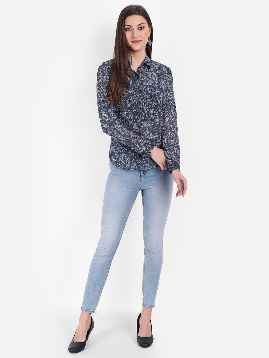 Women Blue & White Relaxed Semi Sheer Paisley Printed Casual Shirt