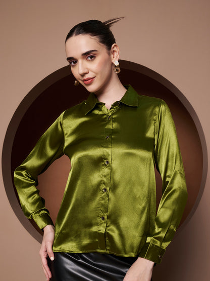 Women Olive Green Classic Slim Fit Casual Shirt