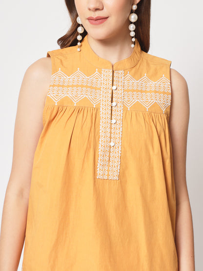 Embroidered Mandarin Collar Cotton Regular Top