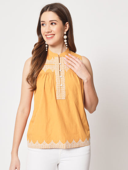 Embroidered Mandarin Collar Cotton Regular Top