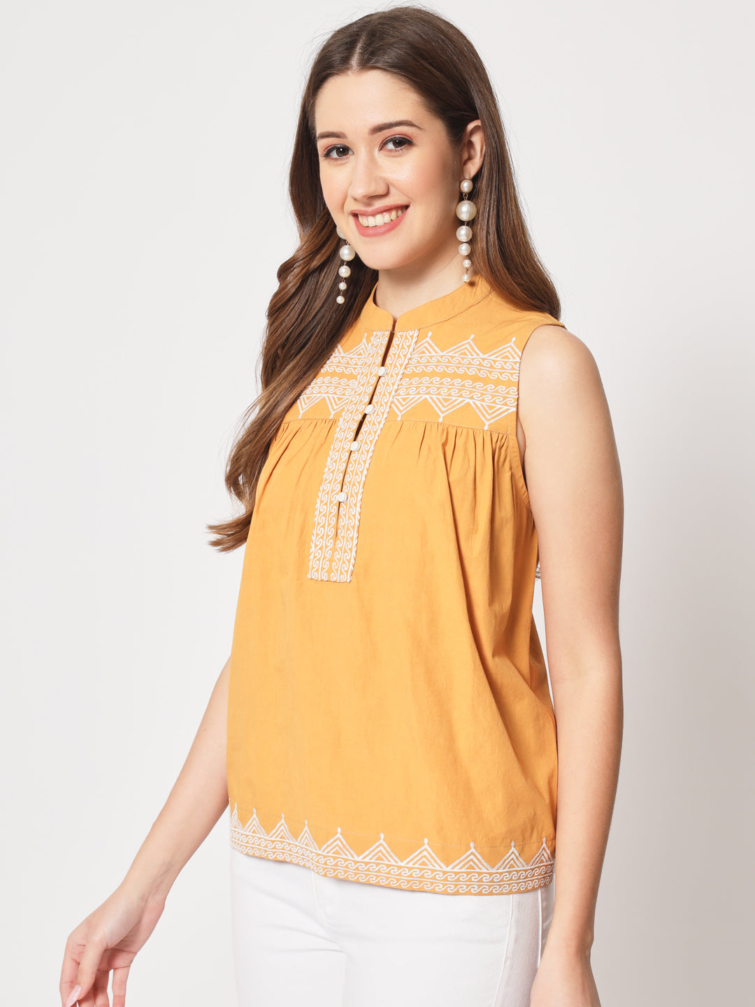 Embroidered Mandarin Collar Cotton Regular Top