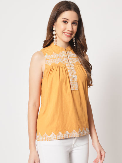 Embroidered Mandarin Collar Cotton Regular Top