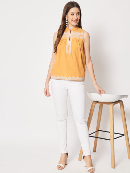 Embroidered Mandarin Collar Cotton Regular Top