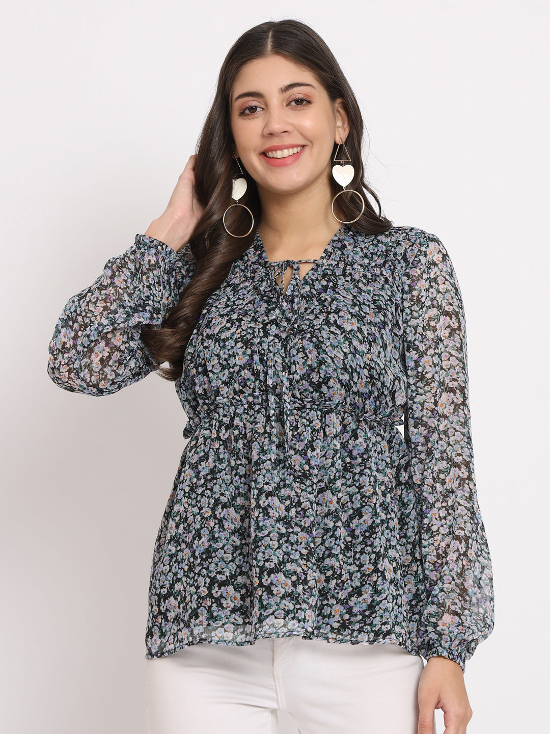 Women's Floral Printed Tie-Up Neck Black Top