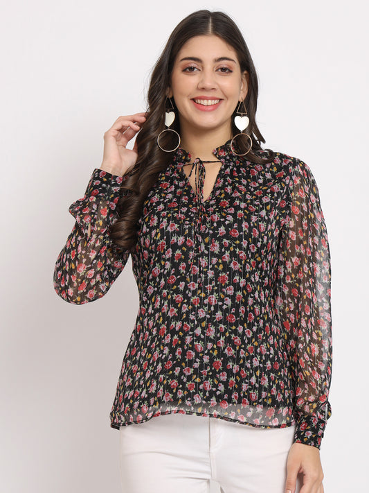 Women's Floral Printed Tie-Up Neck Cuffed Sleeve Chiffon Regular Top