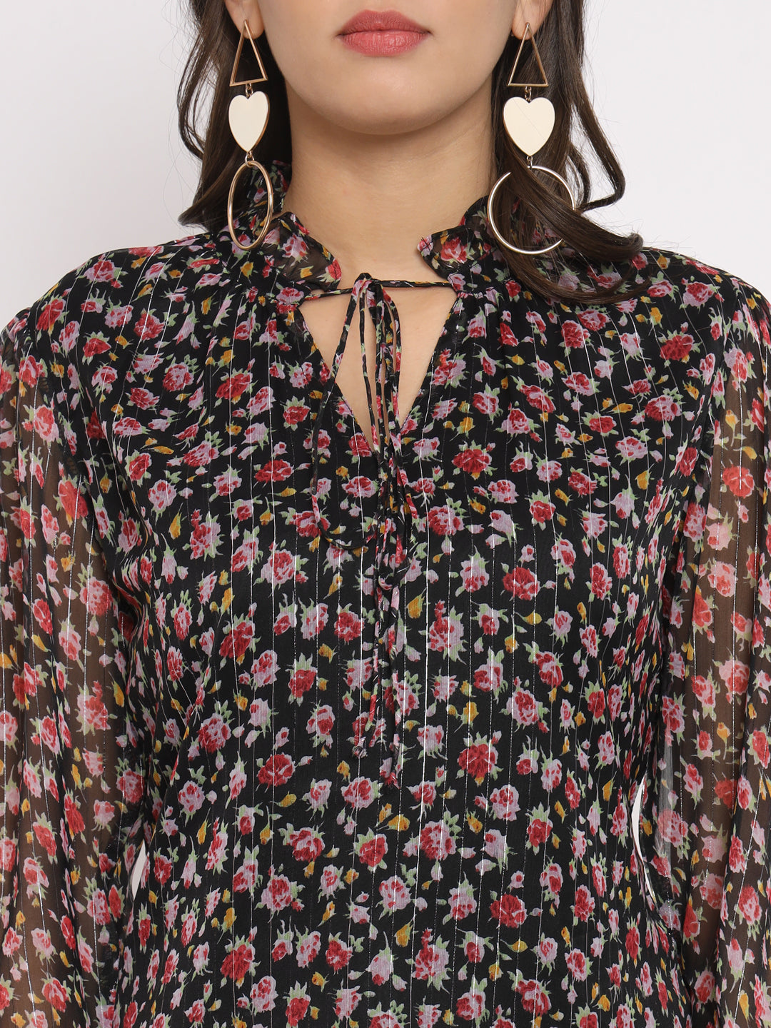 Women's Floral Printed Tie-Up Neck Cuffed Sleeve Chiffon Regular Top