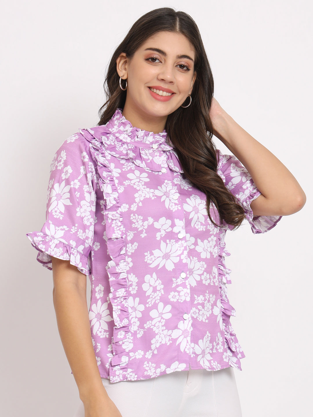 Women's Floral Printed High Neck Ruffles Detailed Shirt Style Top