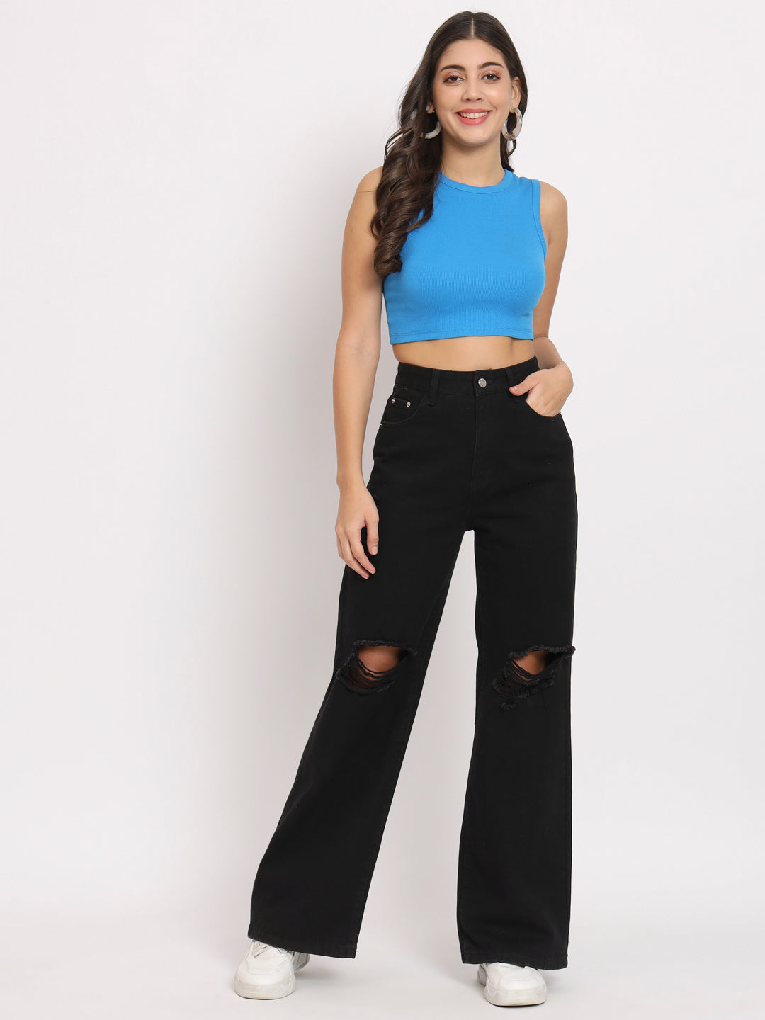 Women's Sleeveless Fitted Blue Crop Top