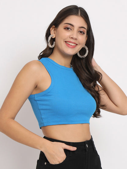 Women's Sleeveless Fitted Blue Crop Top