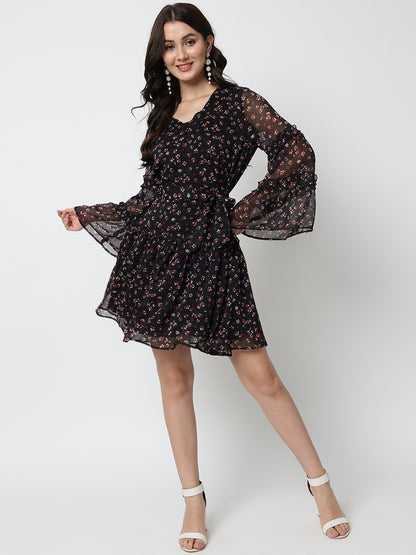 Floral Printed Bell Sleeves Fit & Flare Dress