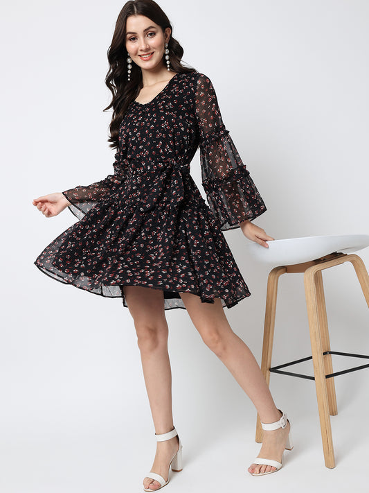 Floral Printed Bell Sleeves Fit & Flare Dress