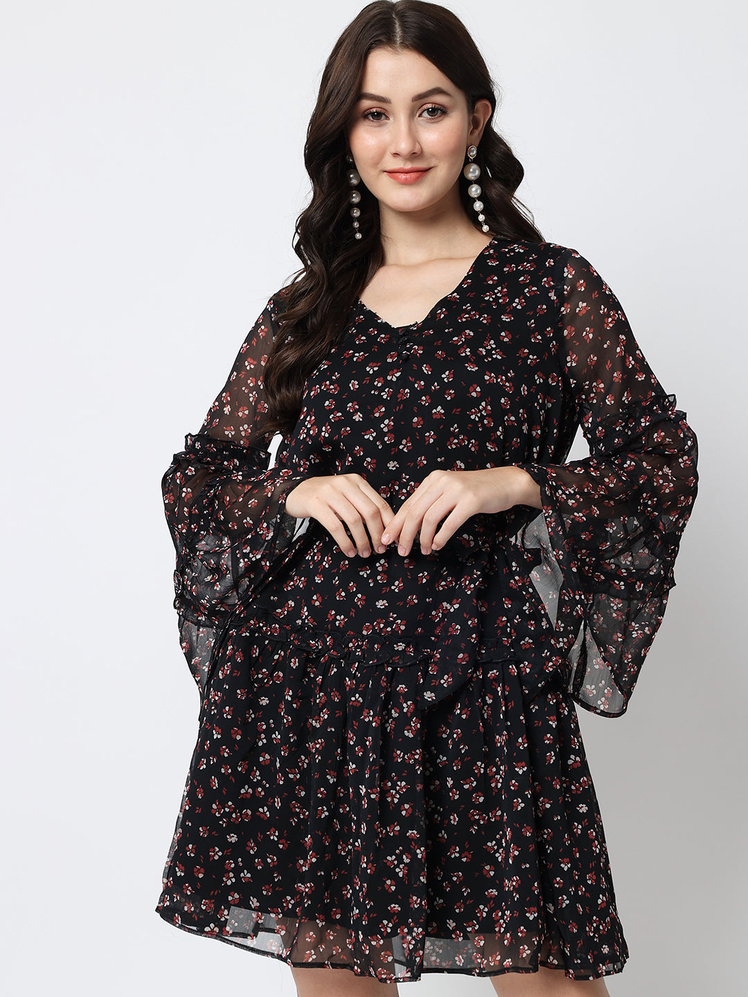 Floral Printed Bell Sleeves Fit & Flare Dress