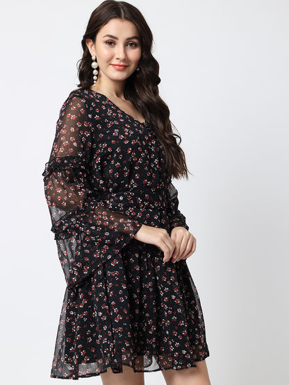 Floral Printed Bell Sleeves Fit & Flare Dress