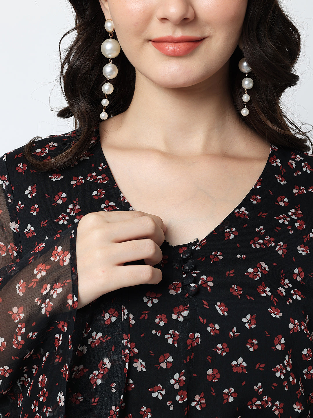 Floral Printed Bell Sleeves Fit & Flare Dress