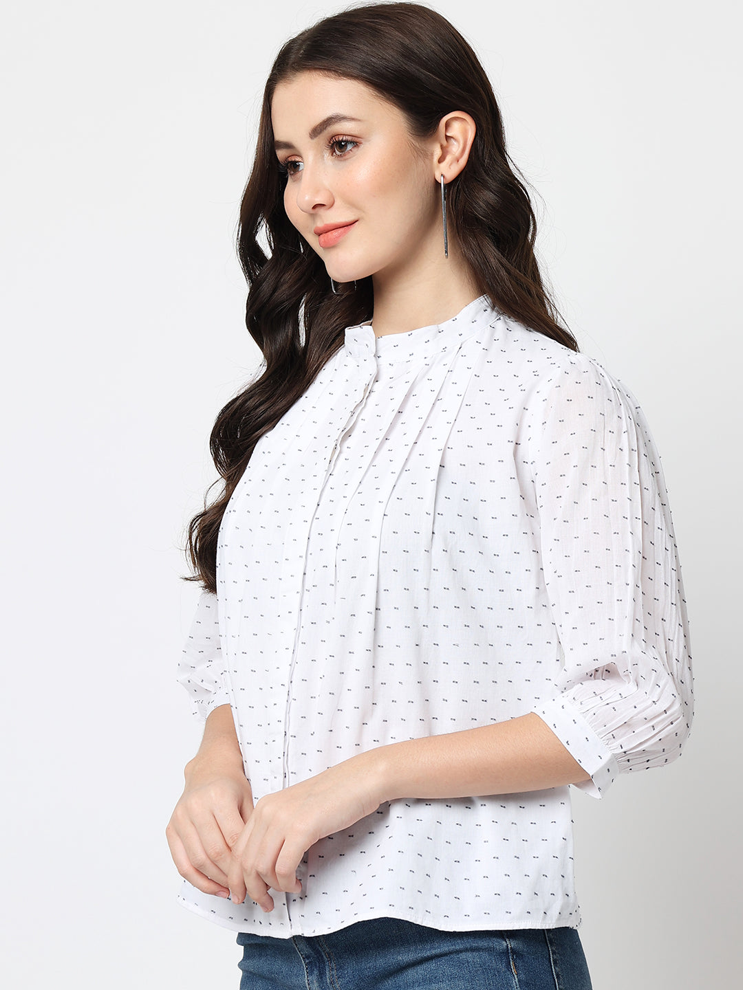 Printed Mandarin Collar Shirt Style Top