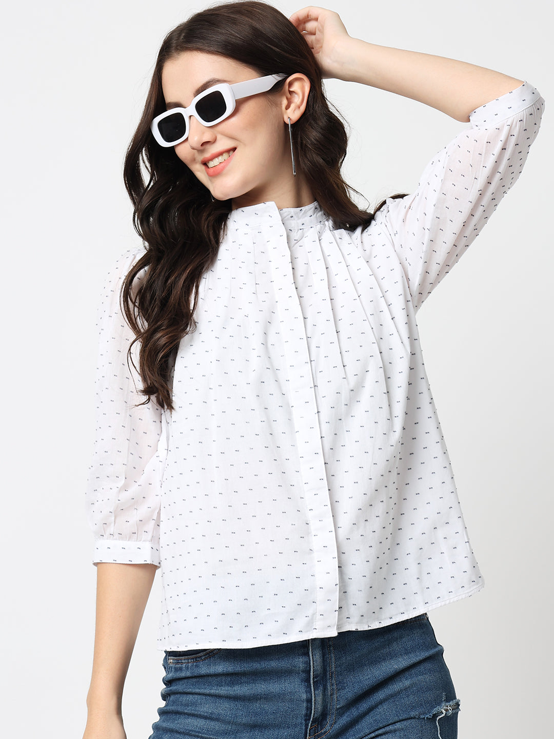 Printed Mandarin Collar Shirt Style Top