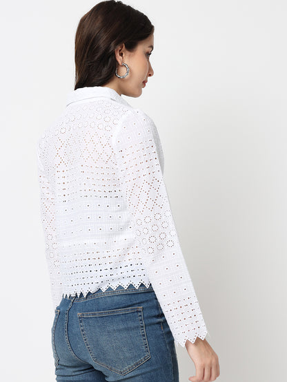 White Schiffli Long Sleeves Top